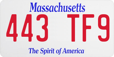 MA license plate 443TF9