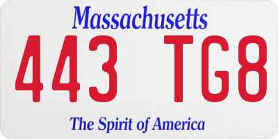 MA license plate 443TG8