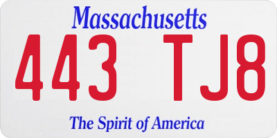MA license plate 443TJ8