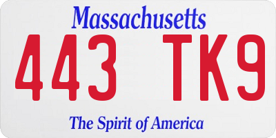 MA license plate 443TK9