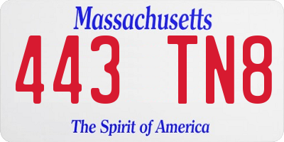 MA license plate 443TN8