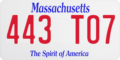 MA license plate 443TO7