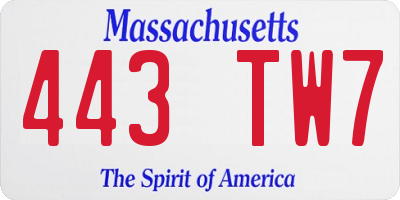 MA license plate 443TW7