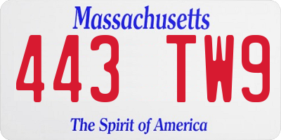 MA license plate 443TW9