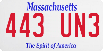 MA license plate 443UN3