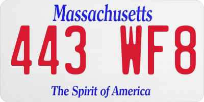 MA license plate 443WF8