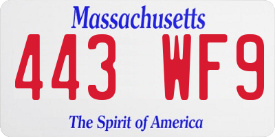 MA license plate 443WF9