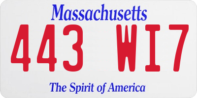 MA license plate 443WI7