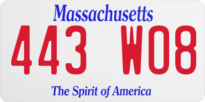 MA license plate 443WO8
