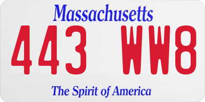 MA license plate 443WW8