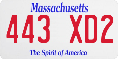 MA license plate 443XD2