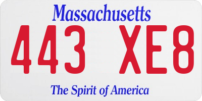 MA license plate 443XE8
