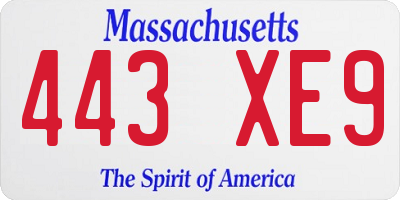 MA license plate 443XE9