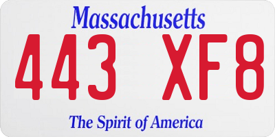 MA license plate 443XF8