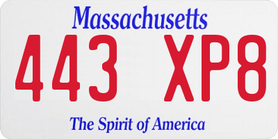 MA license plate 443XP8