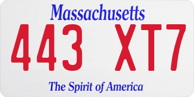 MA license plate 443XT7