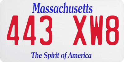 MA license plate 443XW8