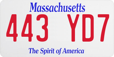 MA license plate 443YD7