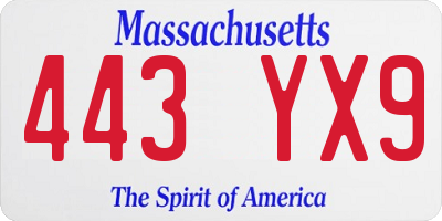 MA license plate 443YX9