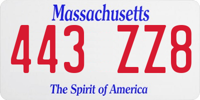 MA license plate 443ZZ8