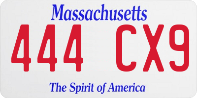 MA license plate 444CX9