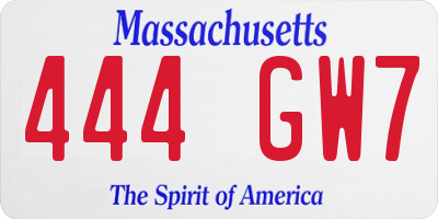 MA license plate 444GW7