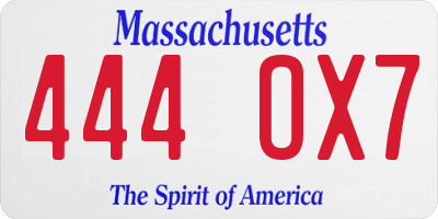 MA license plate 444OX7