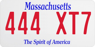 MA license plate 444XT7
