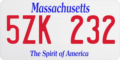 MA license plate 5ZK232