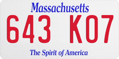 MA license plate 643KO7