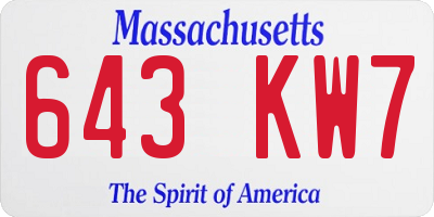 MA license plate 643KW7