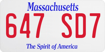 MA license plate 647SD7
