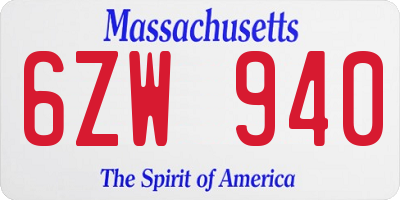 MA license plate 6ZW940