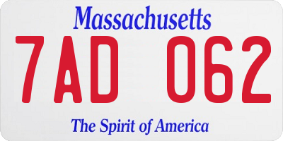 MA license plate 7AD062