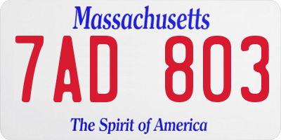 MA license plate 7AD803