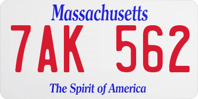 MA license plate 7AK562