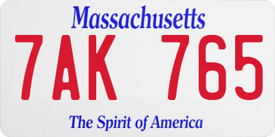 MA license plate 7AK765