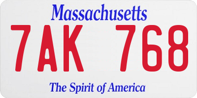 MA license plate 7AK768