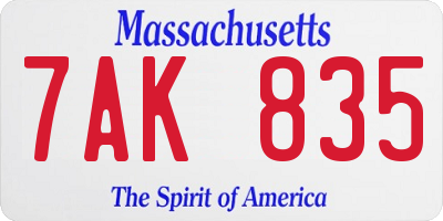 MA license plate 7AK835