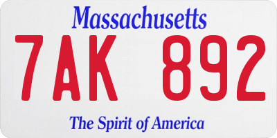 MA license plate 7AK892