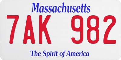 MA license plate 7AK982