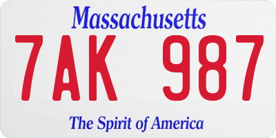 MA license plate 7AK987