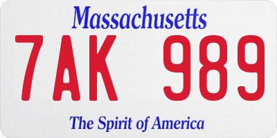 MA license plate 7AK989