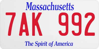 MA license plate 7AK992