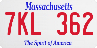 MA license plate 7KL362