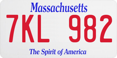 MA license plate 7KL982