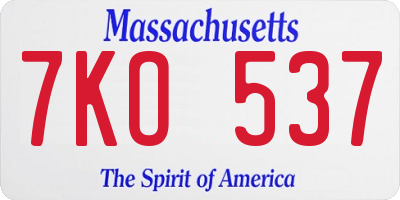 MA license plate 7KO537