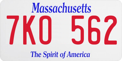 MA license plate 7KO562