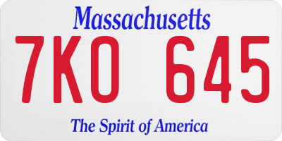 MA license plate 7KO645