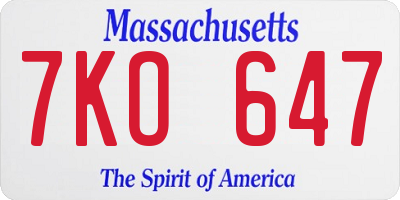 MA license plate 7KO647